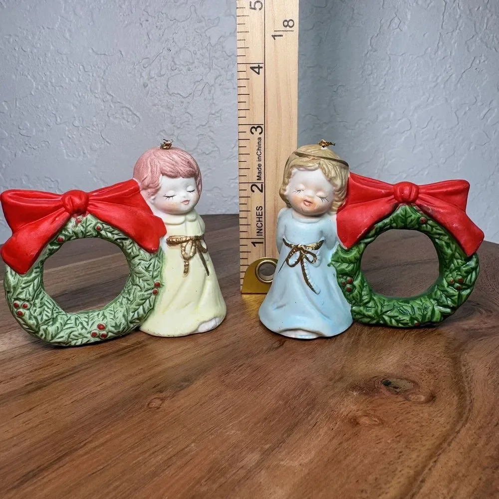 Vintage 70's Jasco Little Chimers Christmas Bell Napkin Rings 2 Angel‎ Wreathes